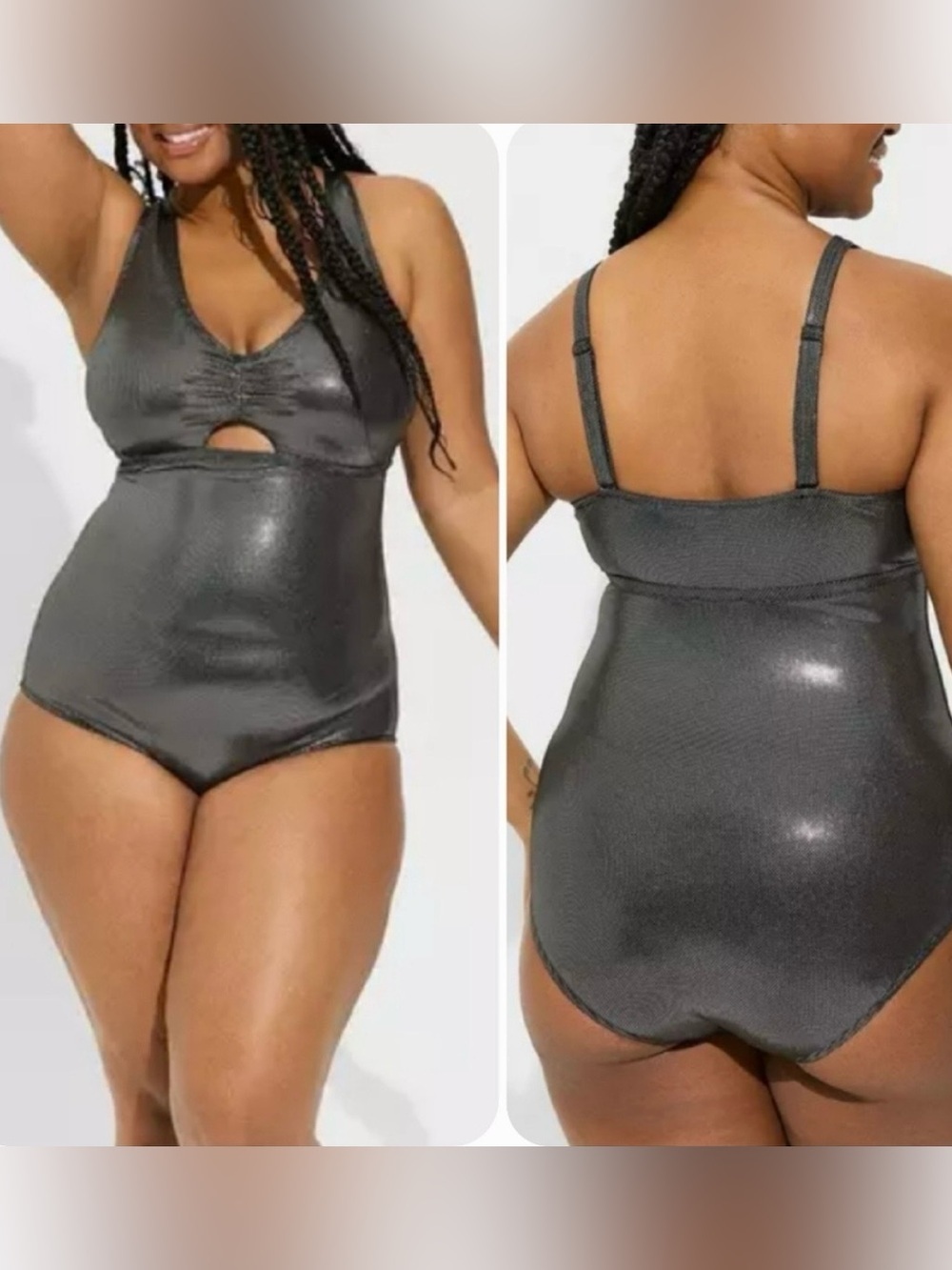 Torrid Foil Keyhole Plunge One-Piece Swimsuit metallic silver finish 3X NWT